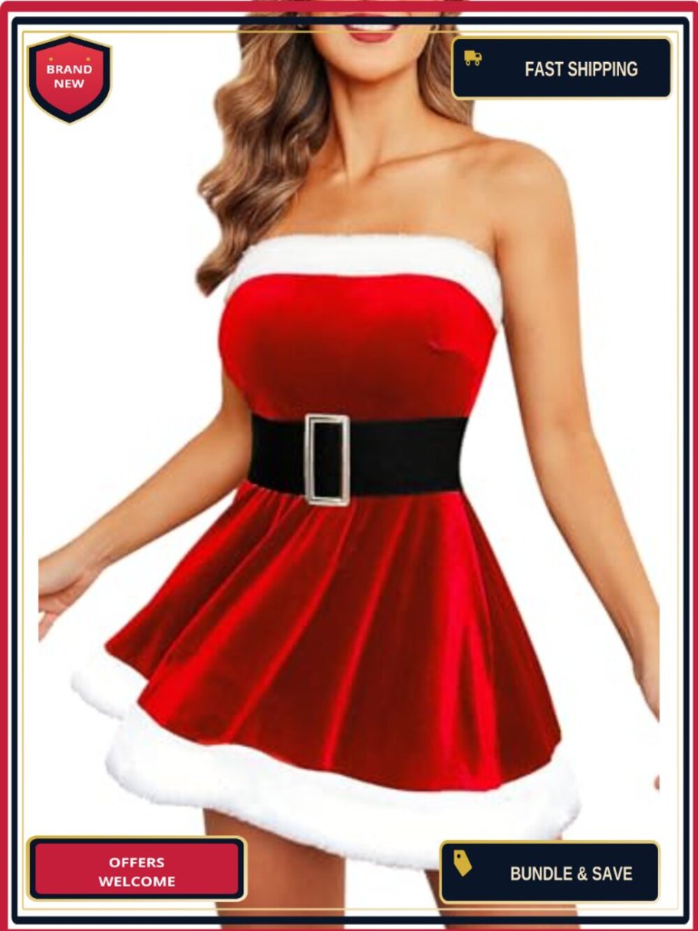 Strapless Velvet Santa Mini Dress Belt Christmas Party Costume